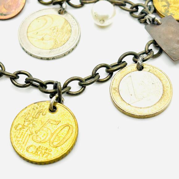 Vintage Y2K Multi-Tone Euro Coin Charm Layered Chain Necklace - Picture 2 of 8